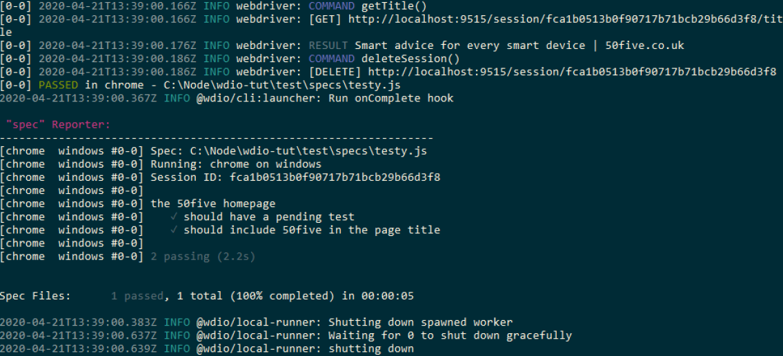 Output for a simple wdio test using expect-webdriver